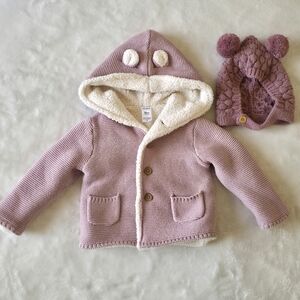 Carter’s Baby Girl Knit Hooded Jacket 18M Pink Sherpa Lined + Hat Set Winter